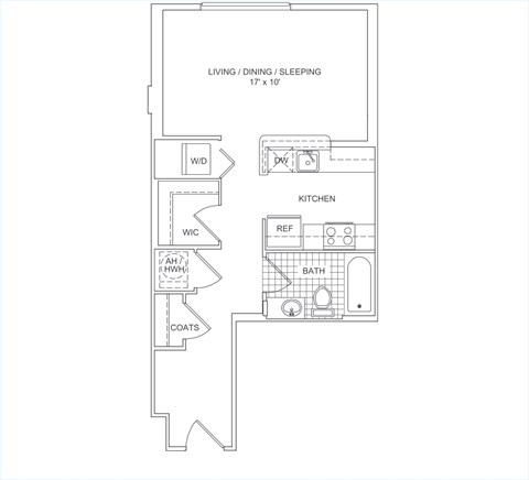 Floor plan for studio, 1 bath, 520 sqft
